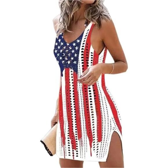 American Flag Dress  Slit Crochet Sleeveless Tank Dress  Swimwear Dresses - Picture 4 of 4